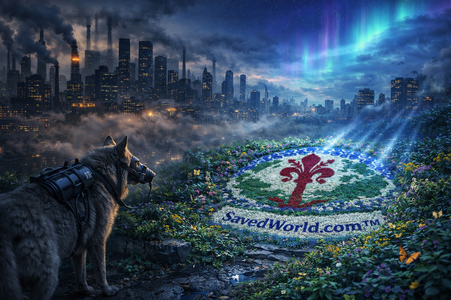 Night city under pressure with aurora light and the SavedWorld emblem in blooming terrain
