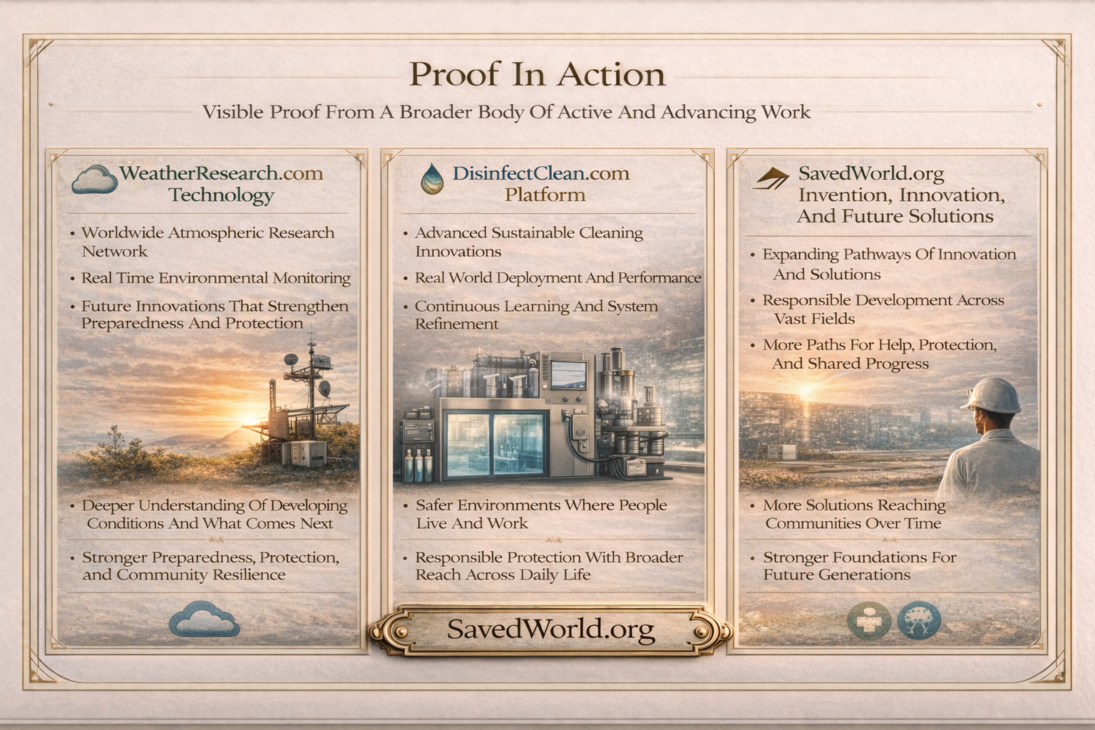 Proof In Action board showing visible proof from a broader body of active and advancing work across current systems, deployed innovation, and future solutions.