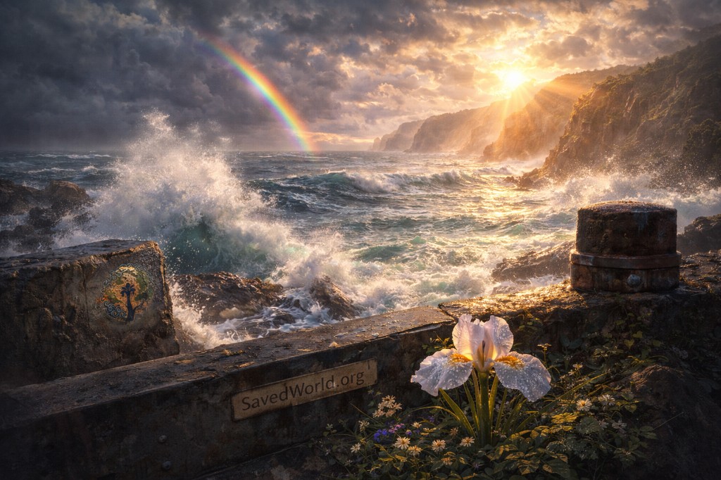 Sunlit ocean waves and rainbow over coastline representing hope and renewal