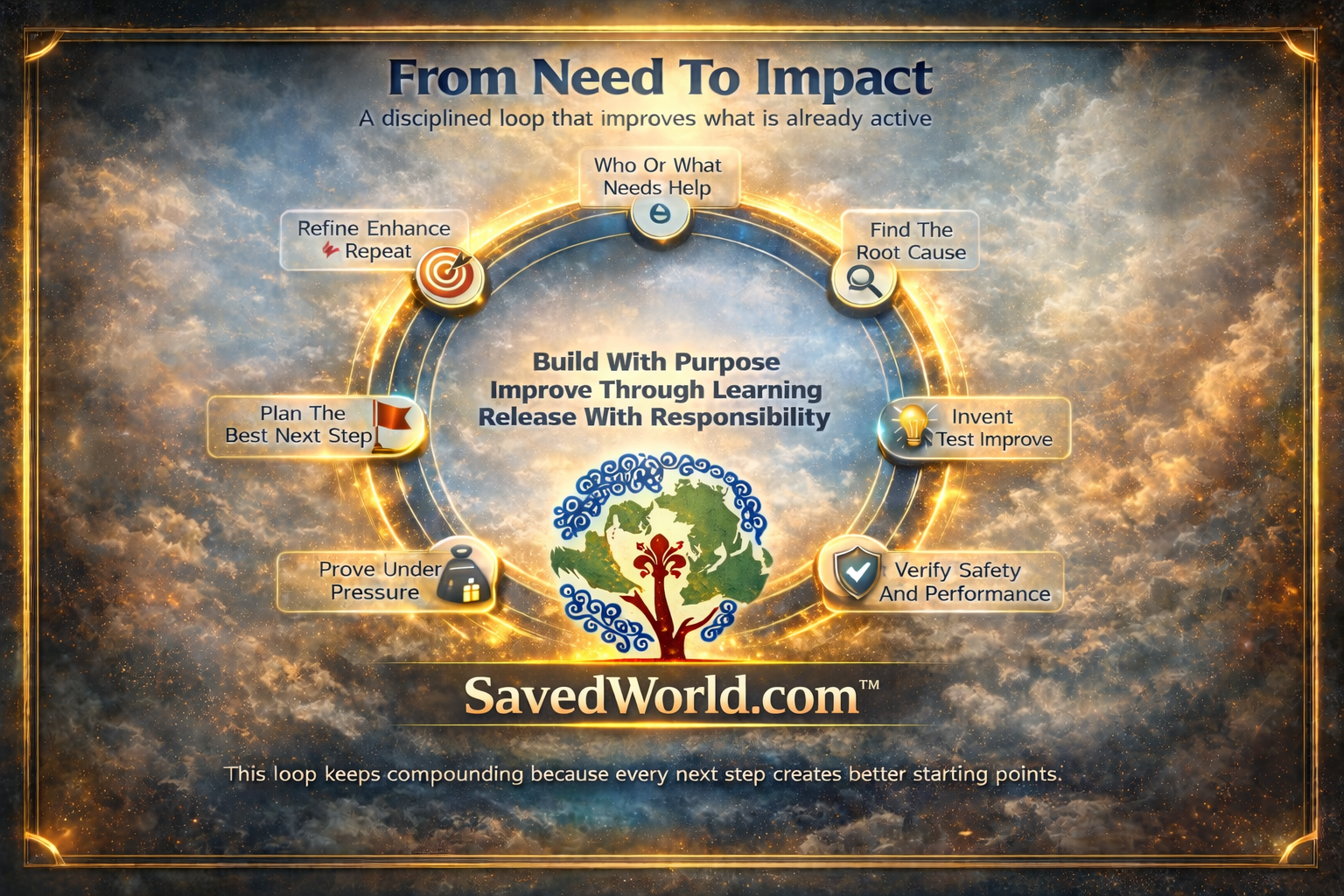 SavedWorld.org From Need To Impact infographic showing a disciplined loop that improves what is already active.