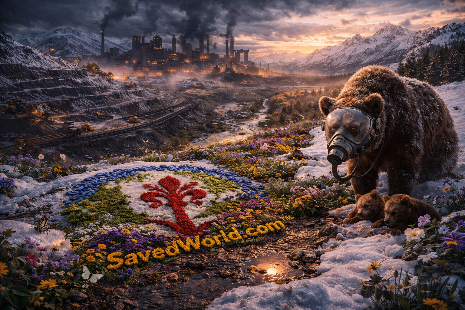 Mountain valley balancing industry and regeneration with wildlife and the SavedWorld emblem