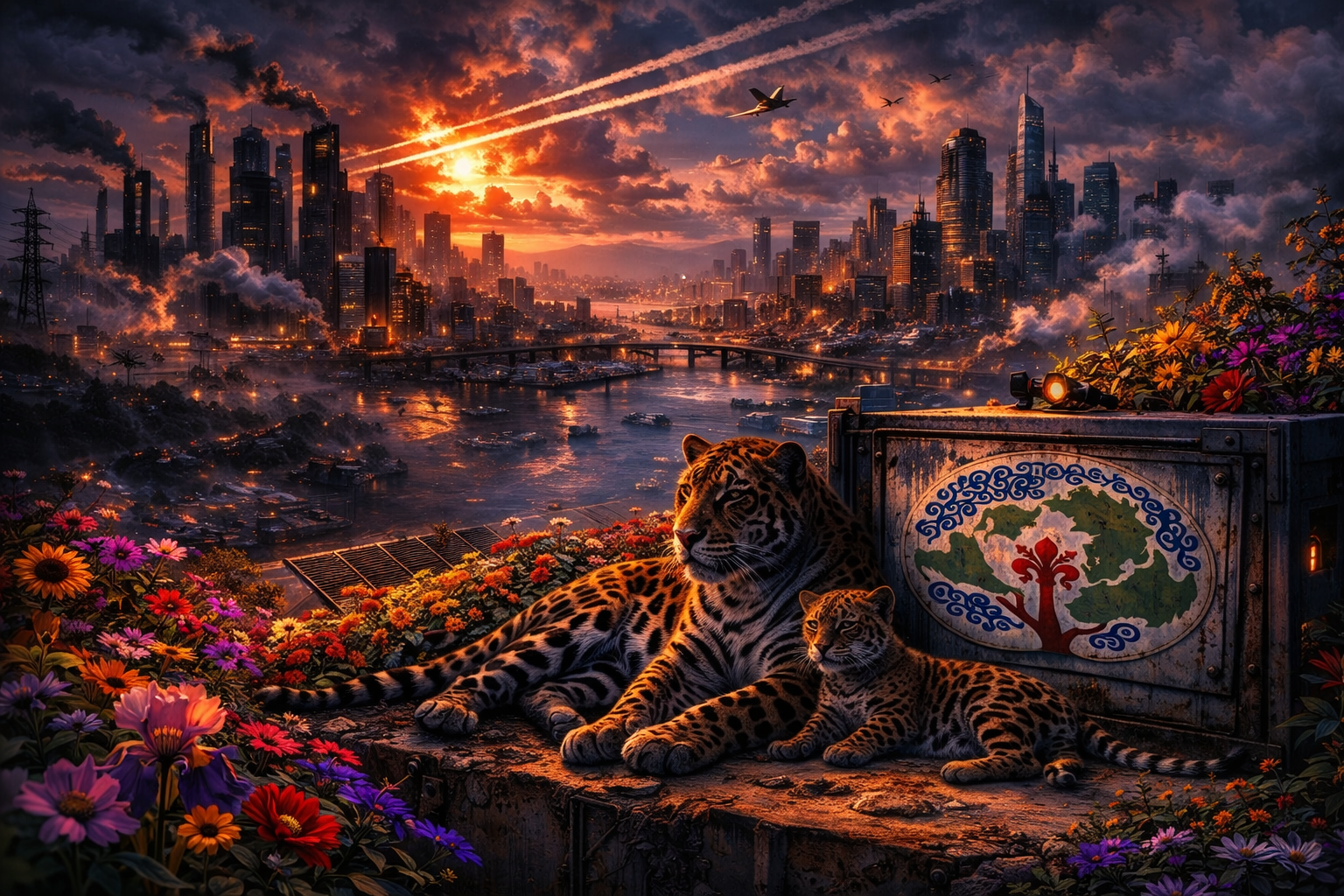 Guardians overlooking a pressured city at sunset with the SavedWorld symbol nearby