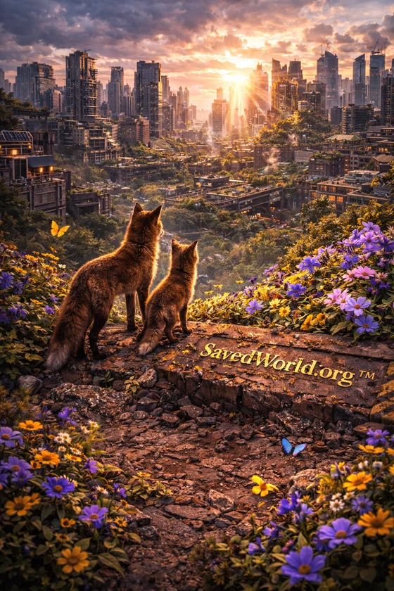 Foxes overlooking a restored city at sunrise, symbolizing the future people help make possible through steady progress.