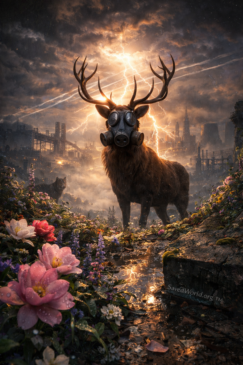 Masked stag in a storm lit recovery landscape, signaling that future work must be strong enough to endure difficult real world conditions.