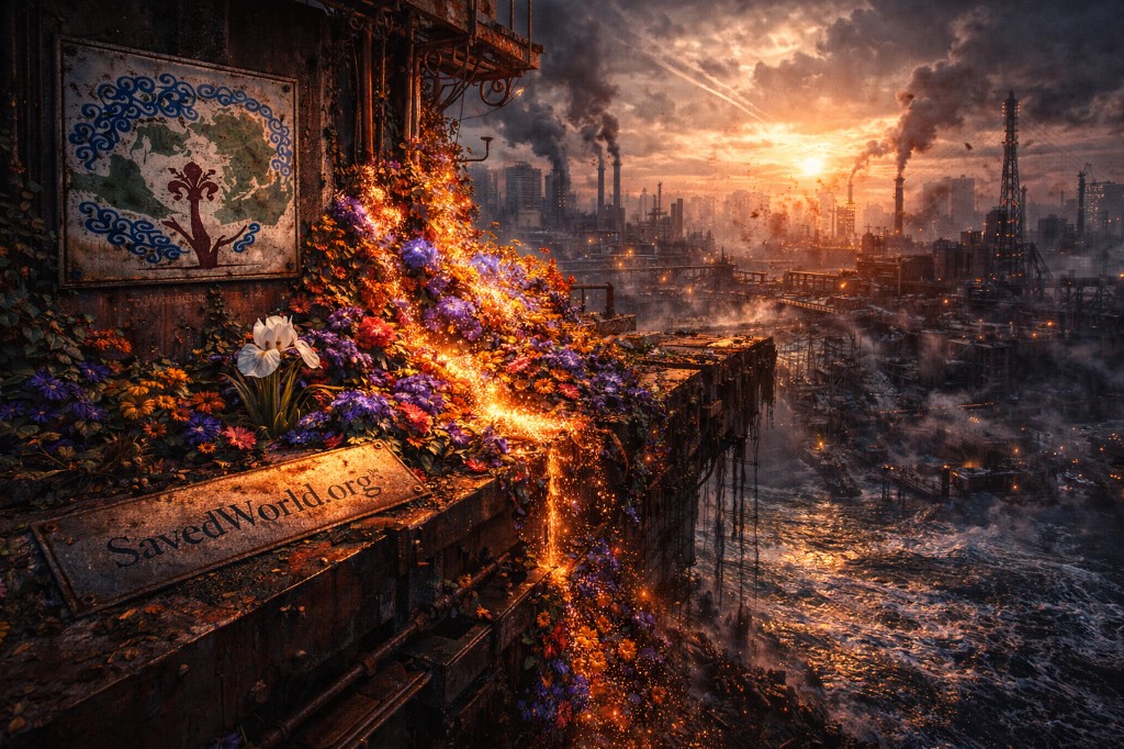 Industrial waterfront at sunset with bright floral foreground and SavedWorld.org trust mark