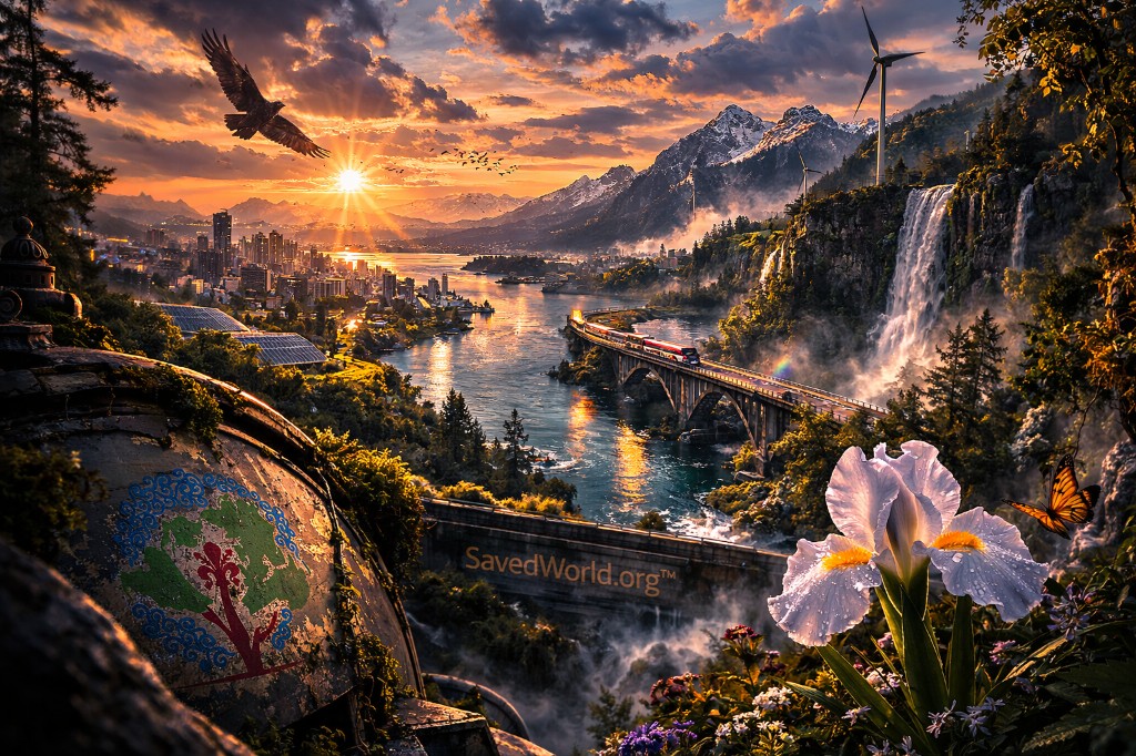Mountain valley at sunrise with waterfall, city lights, and nature regeneration