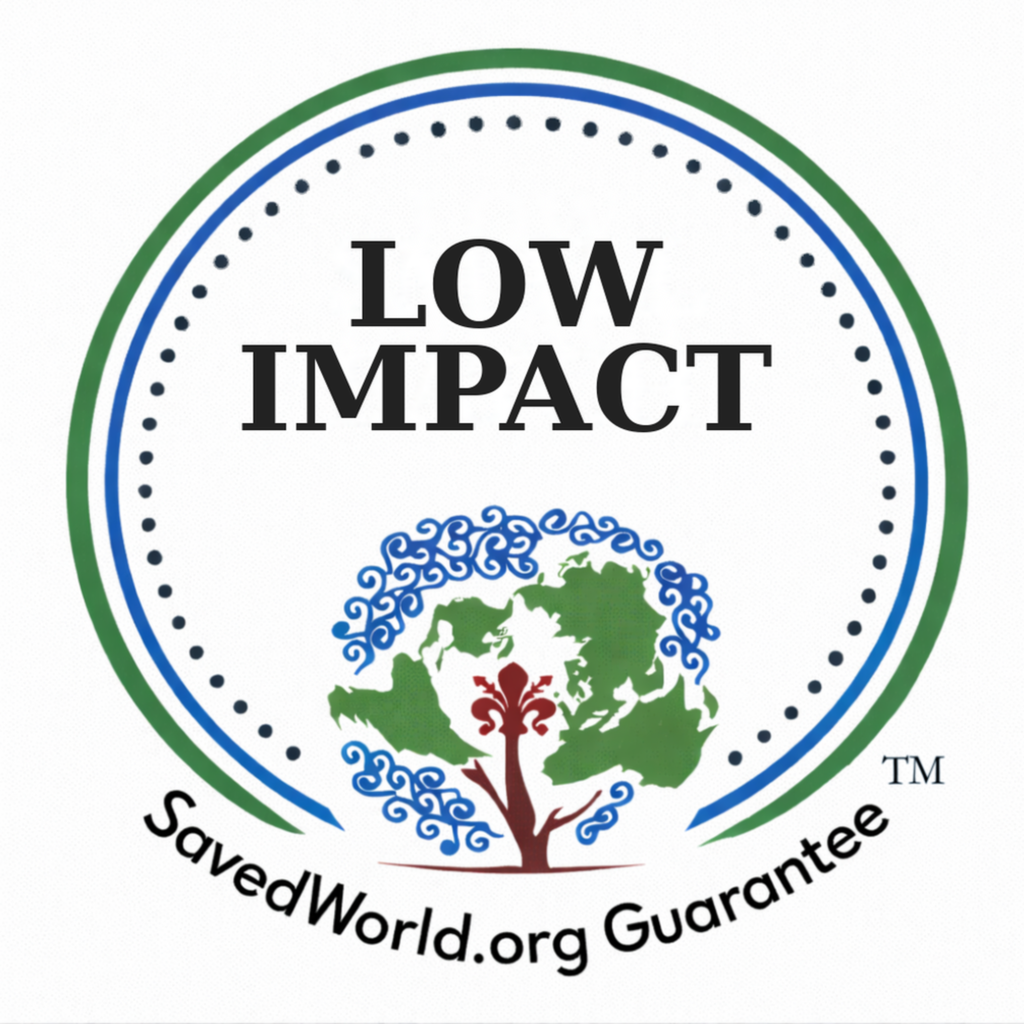 SavedWorld.org Guarantee™ seal: Low Impact. Official circular trust mark recognizing reduced environmental impact practices.