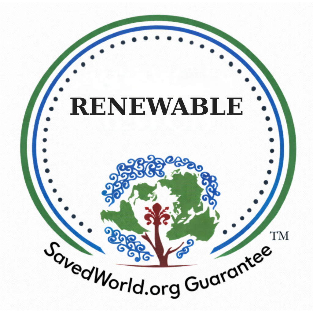 SavedWorld.org Guarantee™ seal: Renewable. Official circular trust mark highlighting renewable inputs or renewable sourcing.