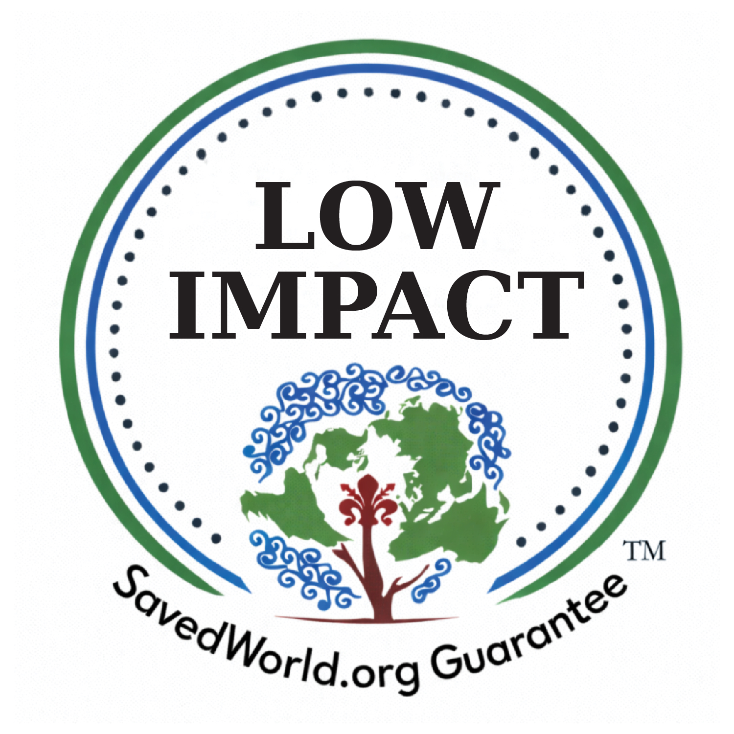 SavedWorld.org Guarantee™ Low Impact eco certification seal – reduced environmental impact trust mark.