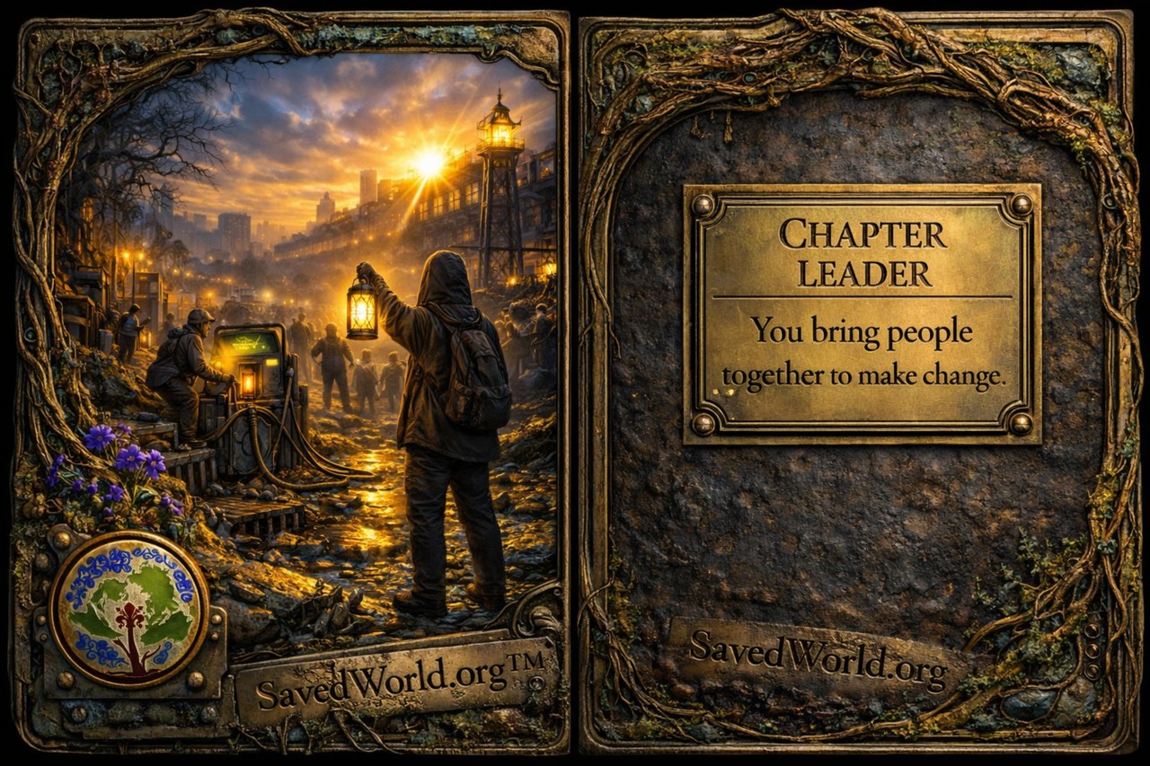 Chapter Leader archetype artwork showing a lantern-lit organizer guiding a community through a rebuilt city at sunrise.