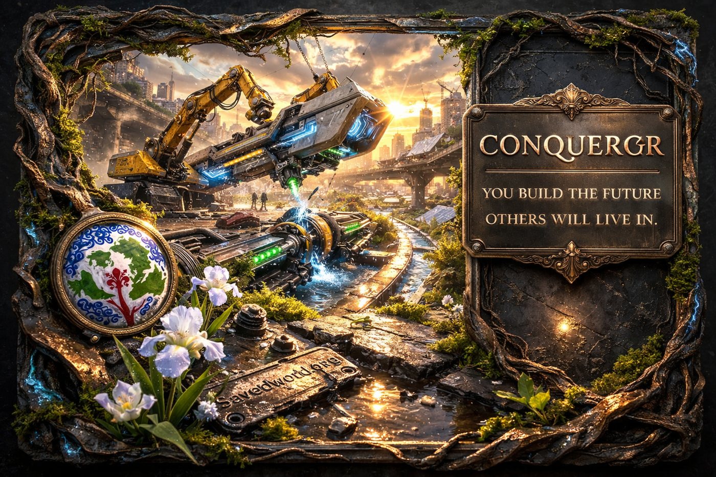 Conqueror archetype artwork showing advanced machinery rebuilding vital infrastructure in a bright post collapse city, with water, rails, and lasting systems being restored.
