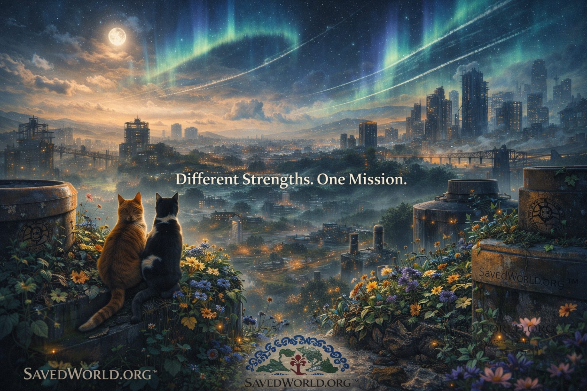 Close atmospheric corridor detail with wet concrete, utility lighting, and vivid bloom beds reclaiming an industrial seam