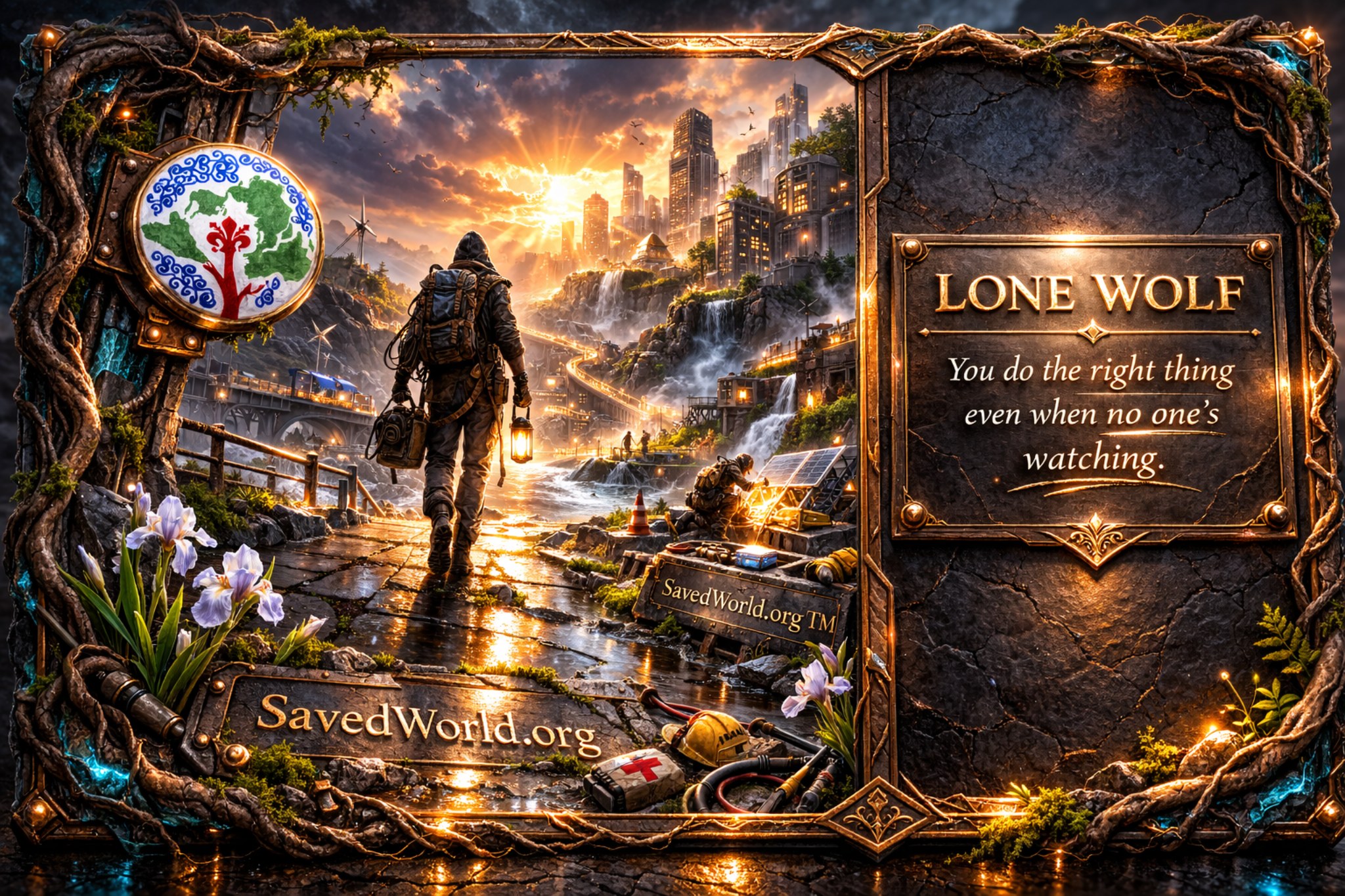 Lone Wolf archetype artwork showing a solitary builder walking a restored path through a futuristic city with water, light, and quiet resolve.