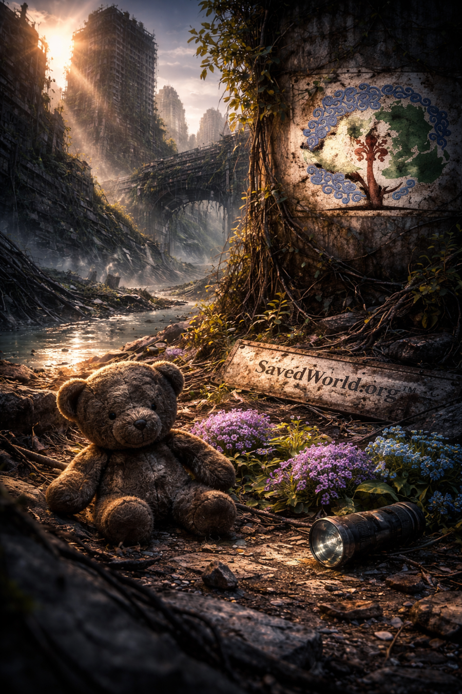 Trust and safety reminder artwork with a teddy bear, flashlight, and a reclaimed city corridor.