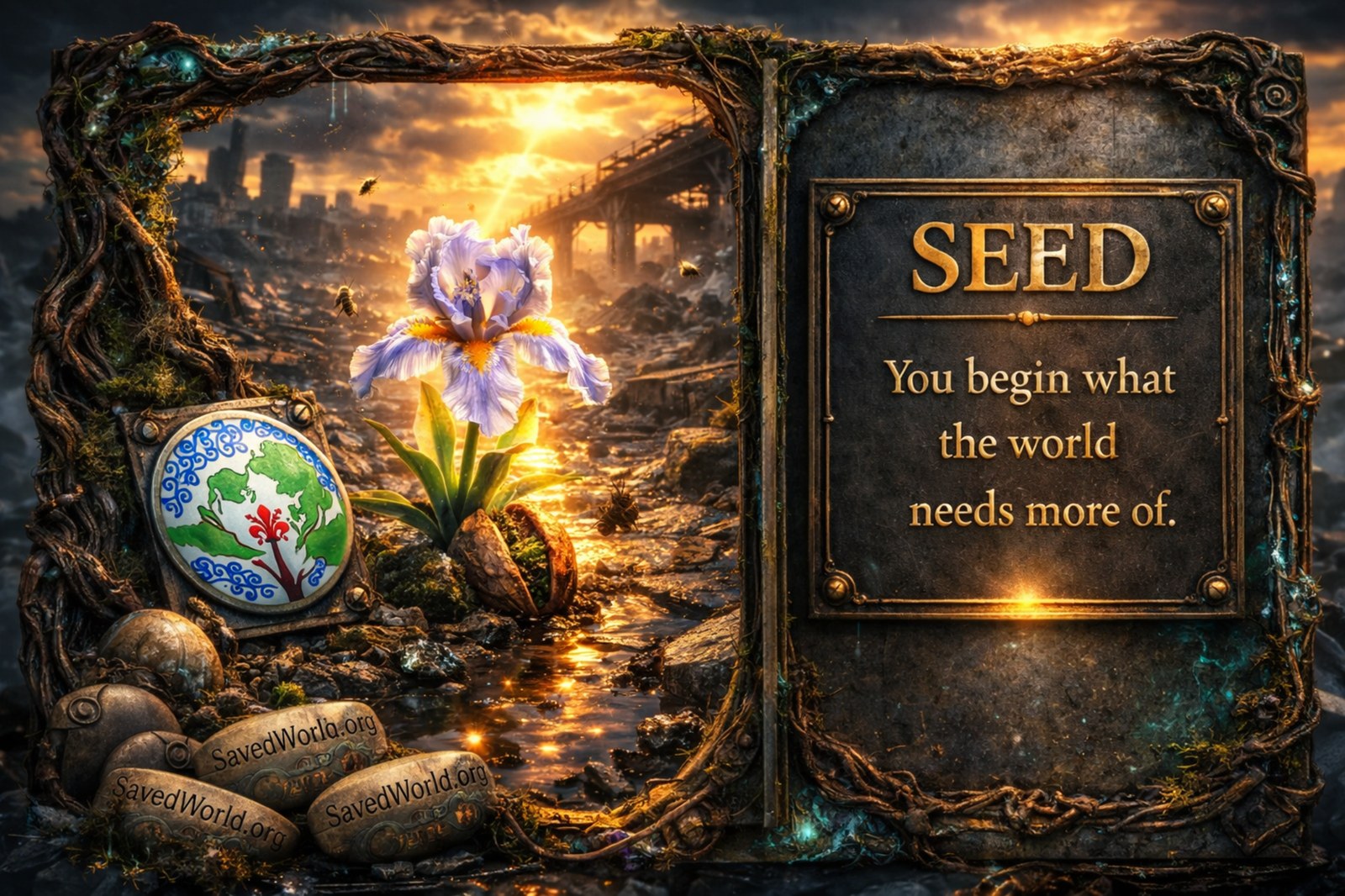 Seed archetype artwork showing an iris in the light, bees in motion, and a first step of renewal in a damaged landscape.