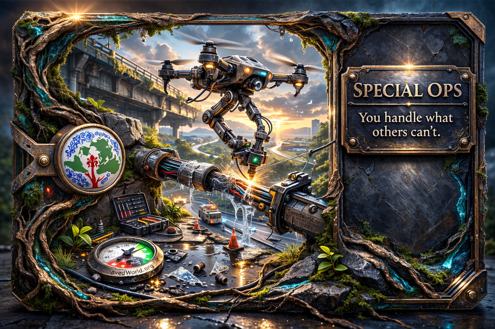 Special Ops archetype artwork showing a precision repair drone restoring damaged infrastructure with tools, cables, and field diagnostics at sunset.
