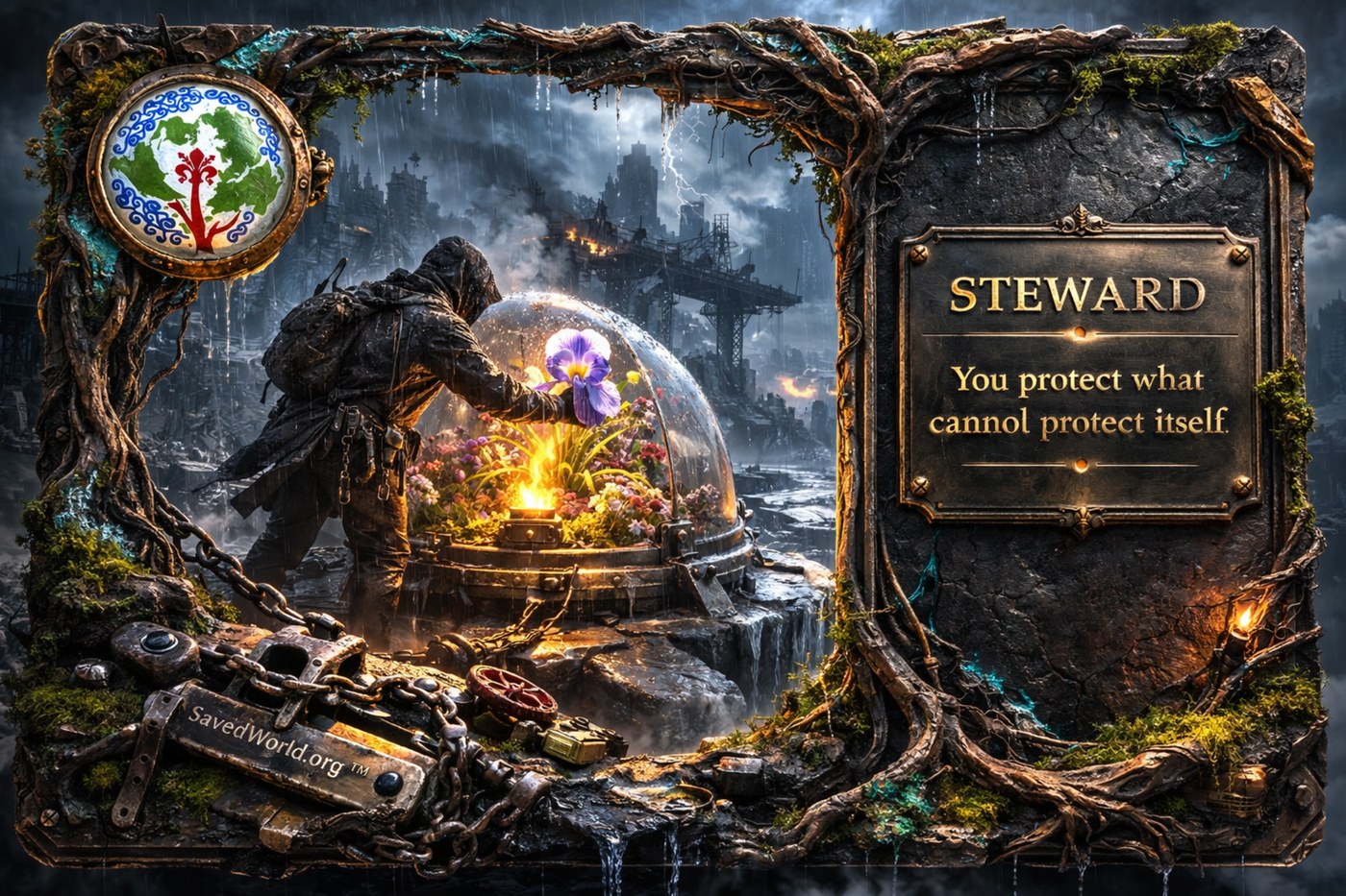 Steward archetype artwork showing a protector shielding a glowing dome garden in a storm-damaged city.