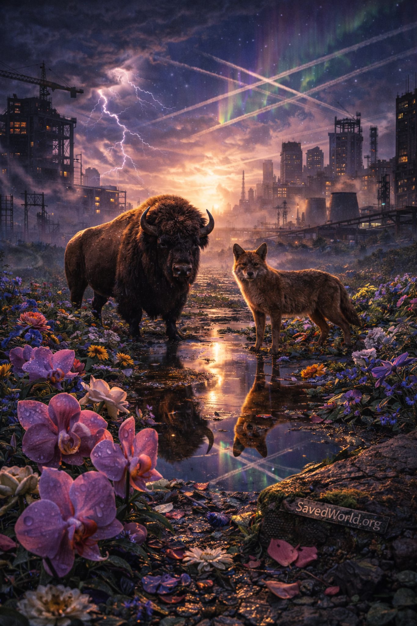 Storm-lit reclaimed route with wet stone, flowing water, blooms of hope, and monitoring tripods in a damaged city corridor