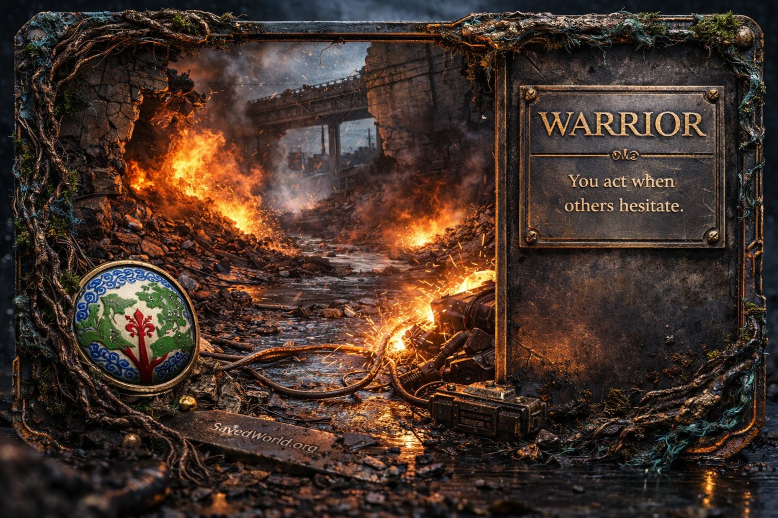 Warrior archetype artwork showing a responder advancing through a fire-lit ruin to clear a path and secure an active danger zone.